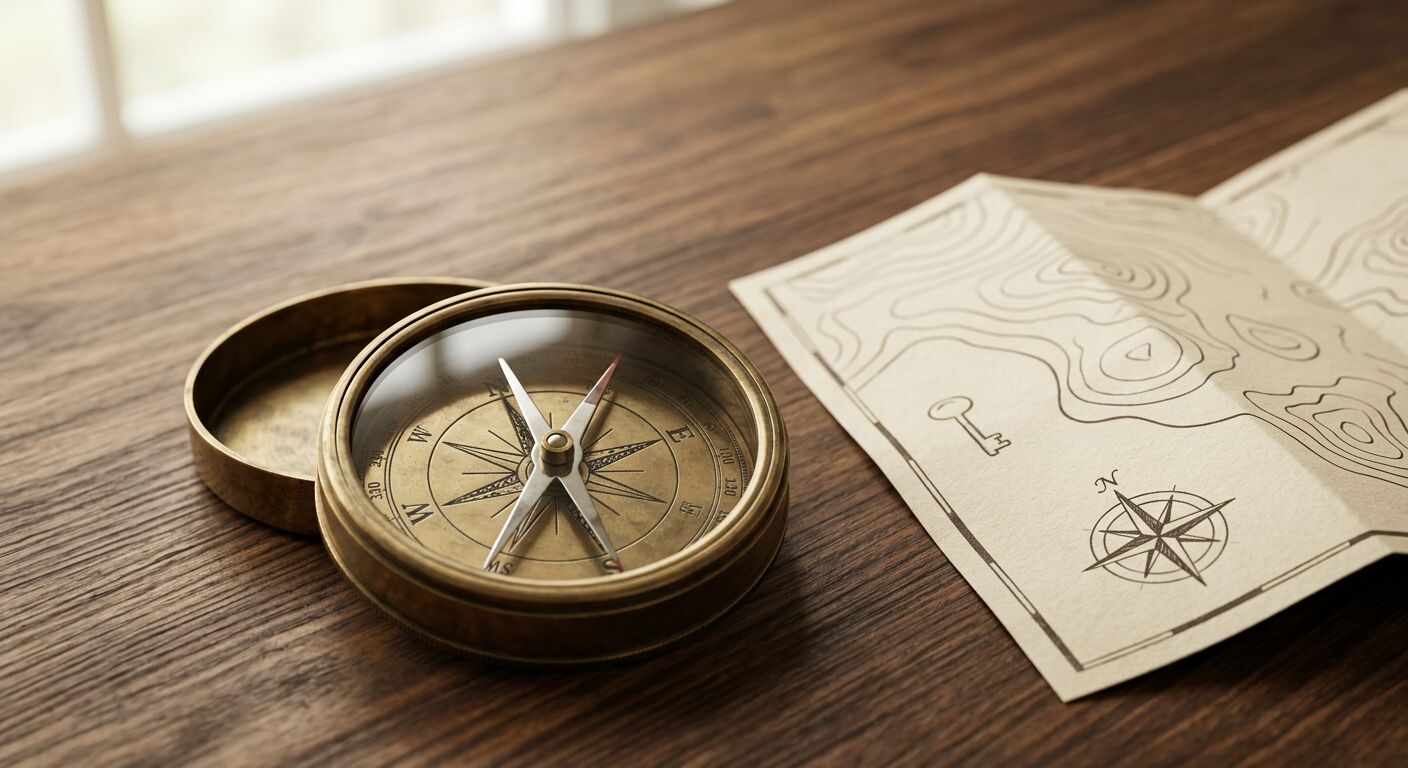 A brass compass resting beside a folded map on a wooden desk, symbolising a founder navigating an earn-out