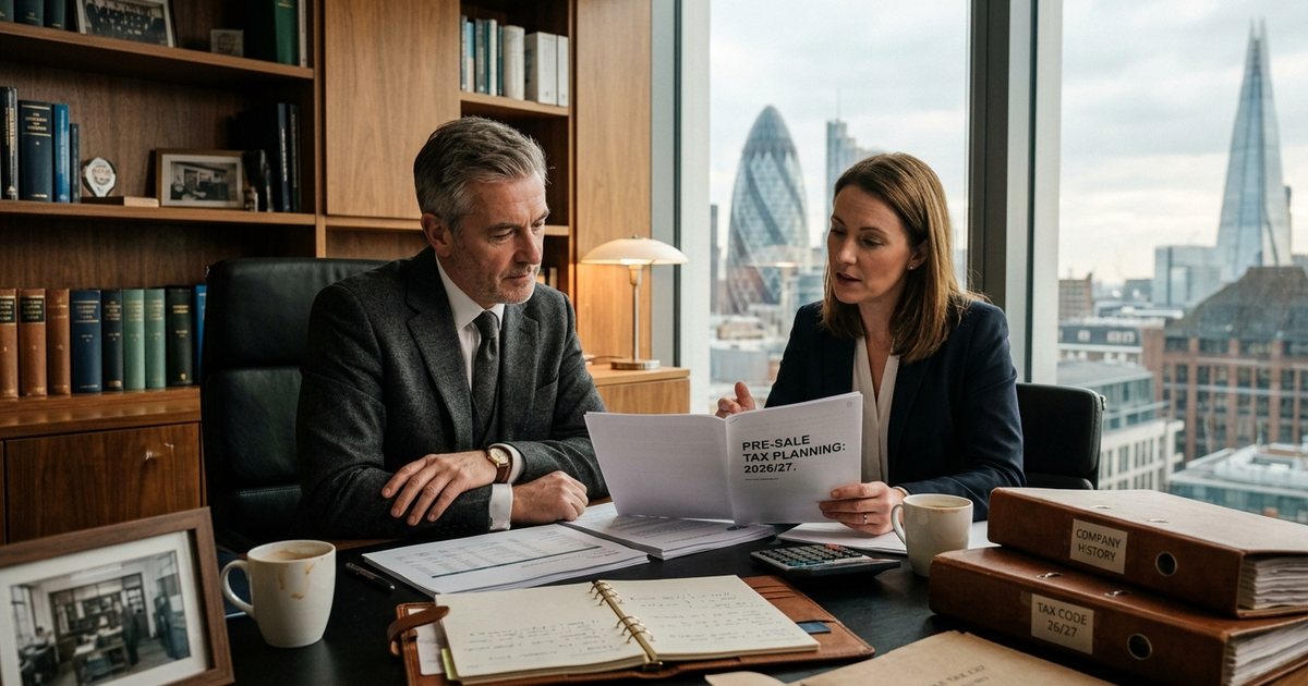 A UK business owner discussing pre-sale tax planning with an adviser in a London office