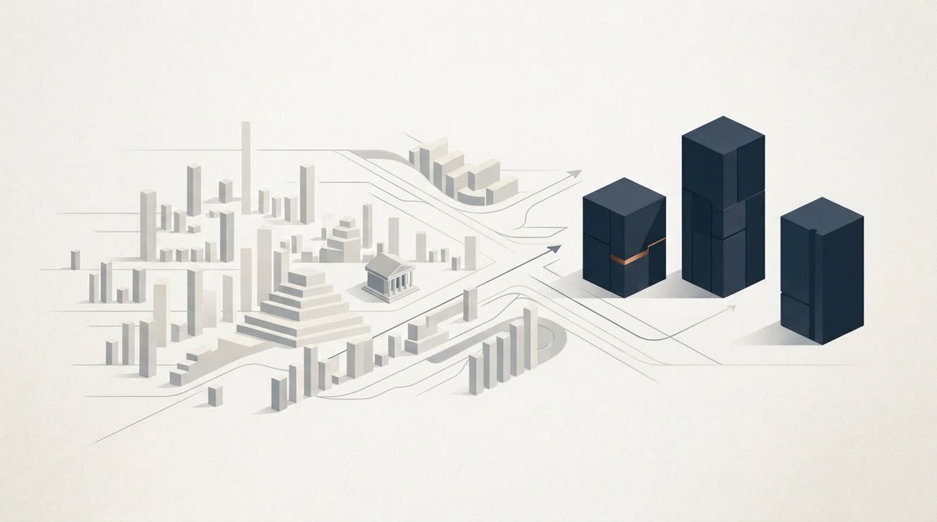 Isometric illustration of a UK city skyline with pathways converging on three dark monolithic buildings, symbolising consolidation and inbound M&A