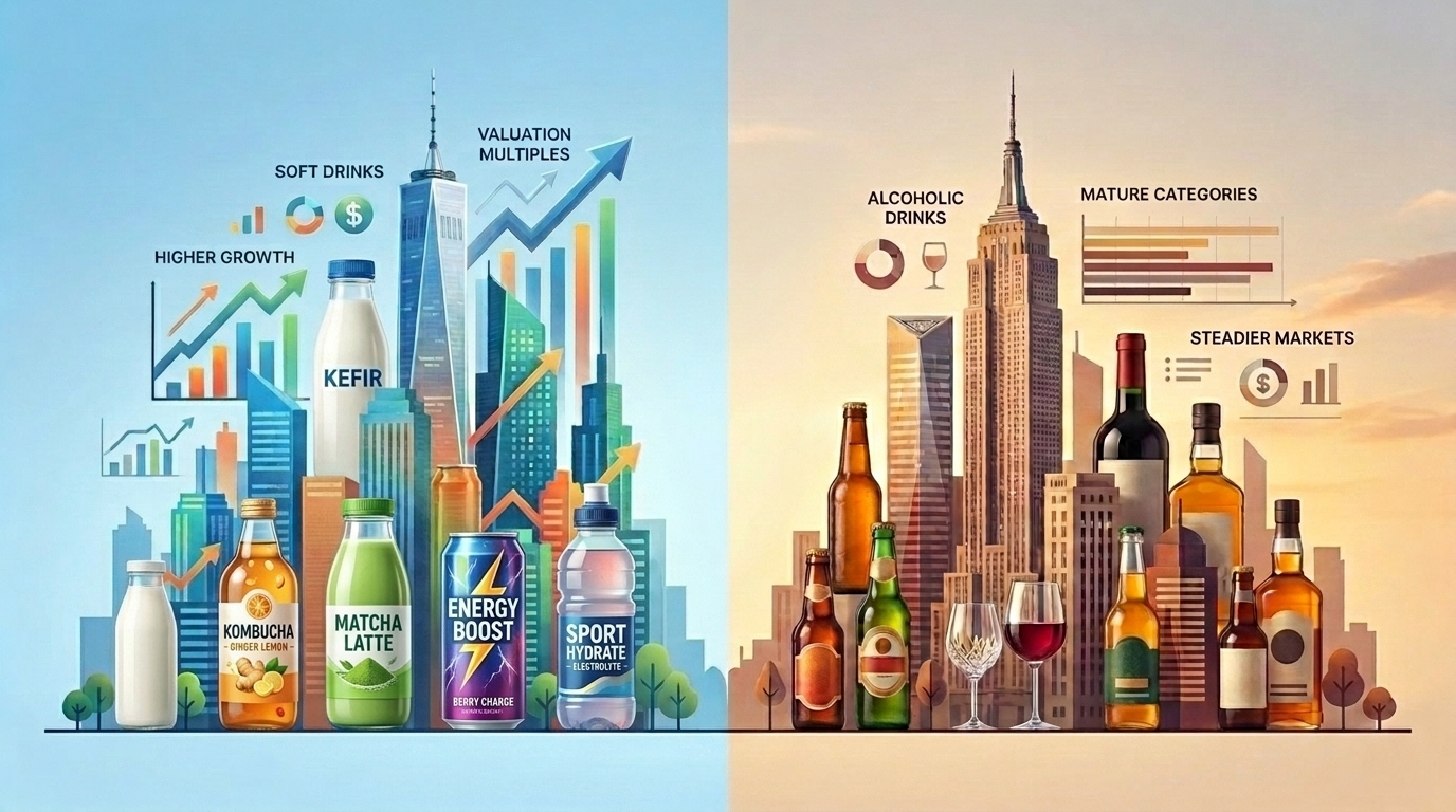 Stylised cityscape illustration contrasting soft drinks growth on the left with mature alcohol categories on the right