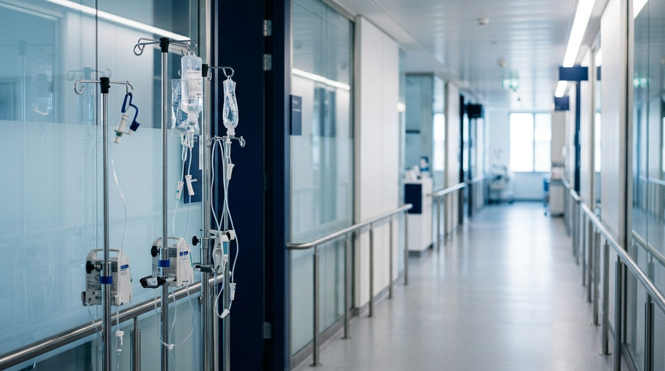 Editorial illustration of the healthcare valuation ladder from diagnostics and devices to hospitals and care homes — Deal Ascent Q2 2026 sector note