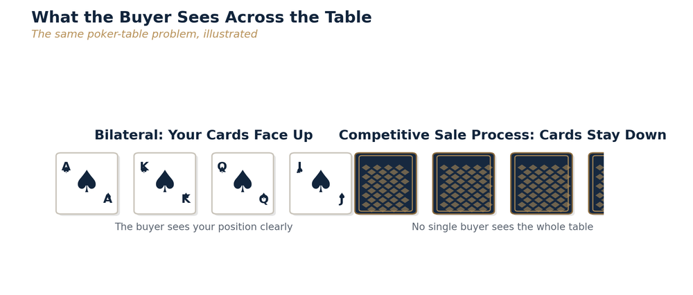 Four playing cards face up on the left representing a bilateral process, next to four cards face down on the right representing a competitive sale process