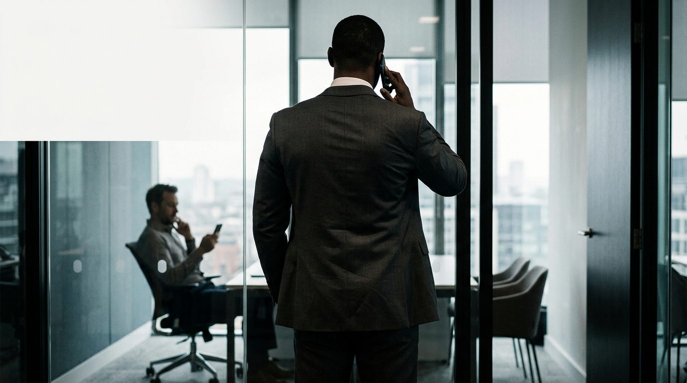 A businessman viewed from behind through glass office walls, phone held to his ear mid-call, with a colleague working at a desk in the reflection