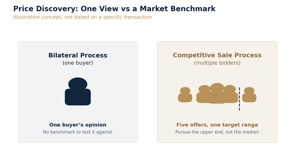 Diagram contrasting price discovery from a single buyer's offer with a market benchmark set by several competing offers